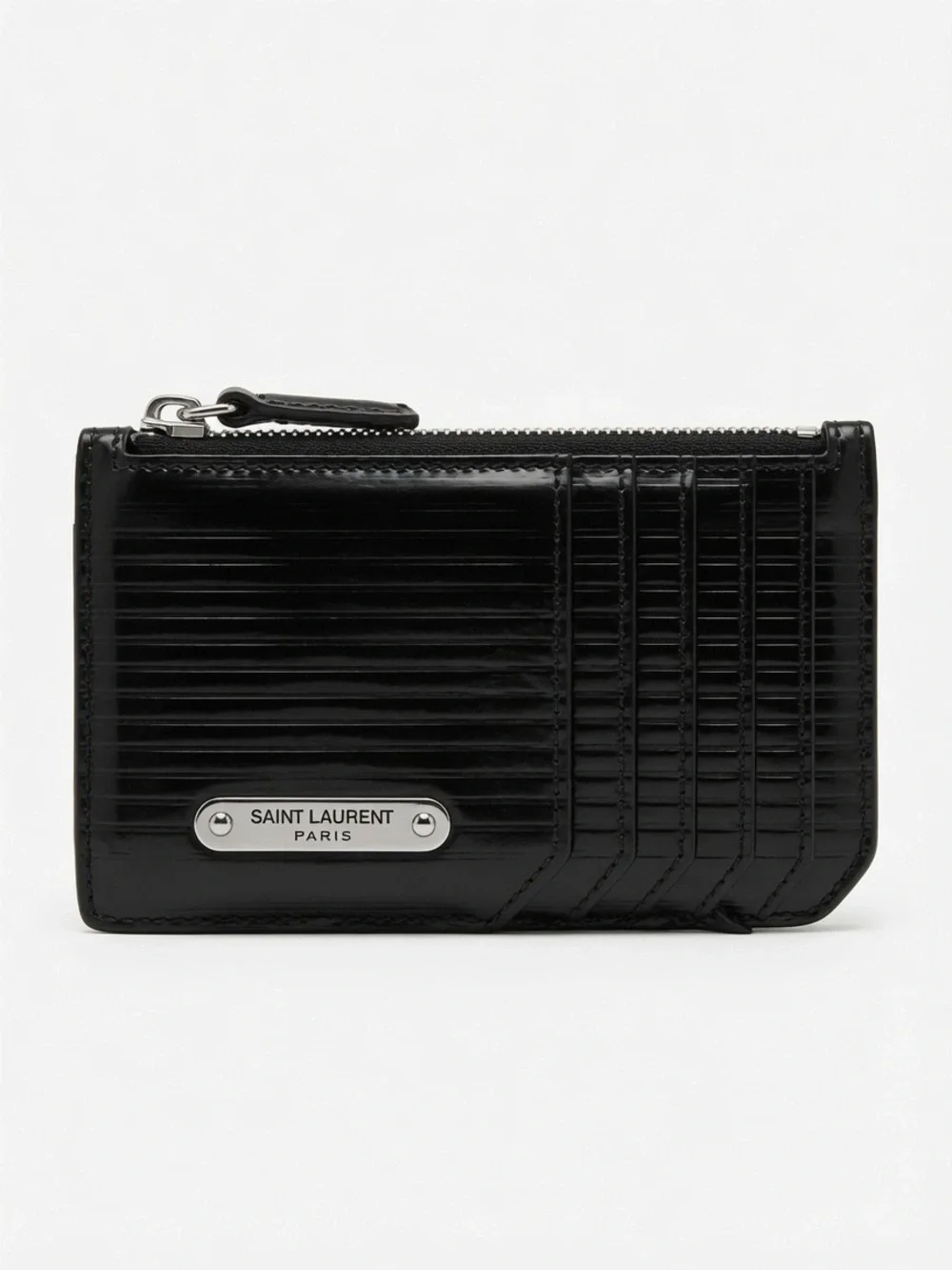 Saint Laurent Black Glossy Ridged Leather Card Case with Zip